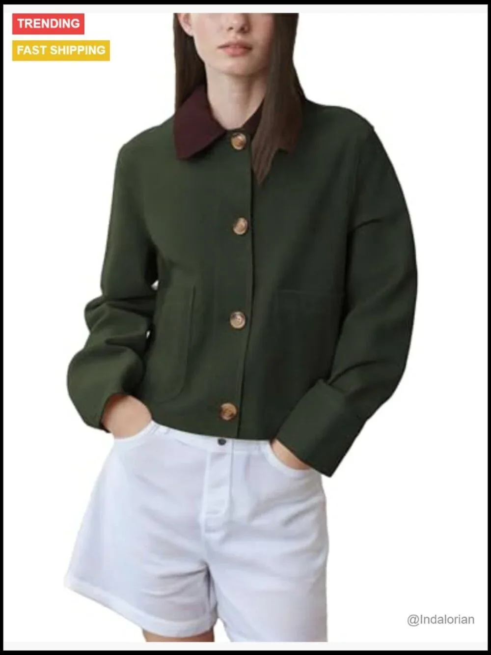 Faux Suede Button Down Shacket with Contrast Collar and Pockets